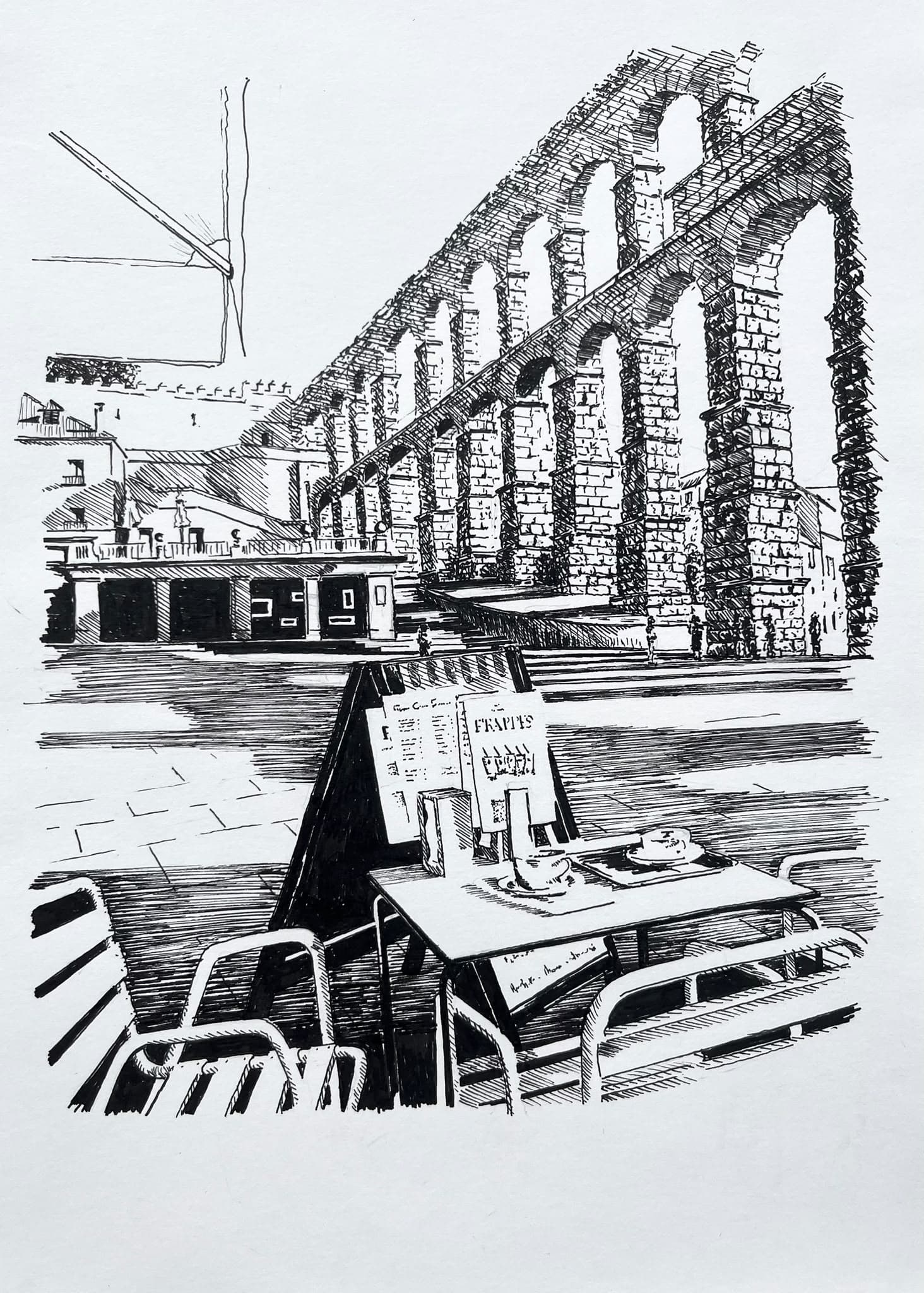 Aqueduct, Segovia, Spain, n.d.. Ink on paper.