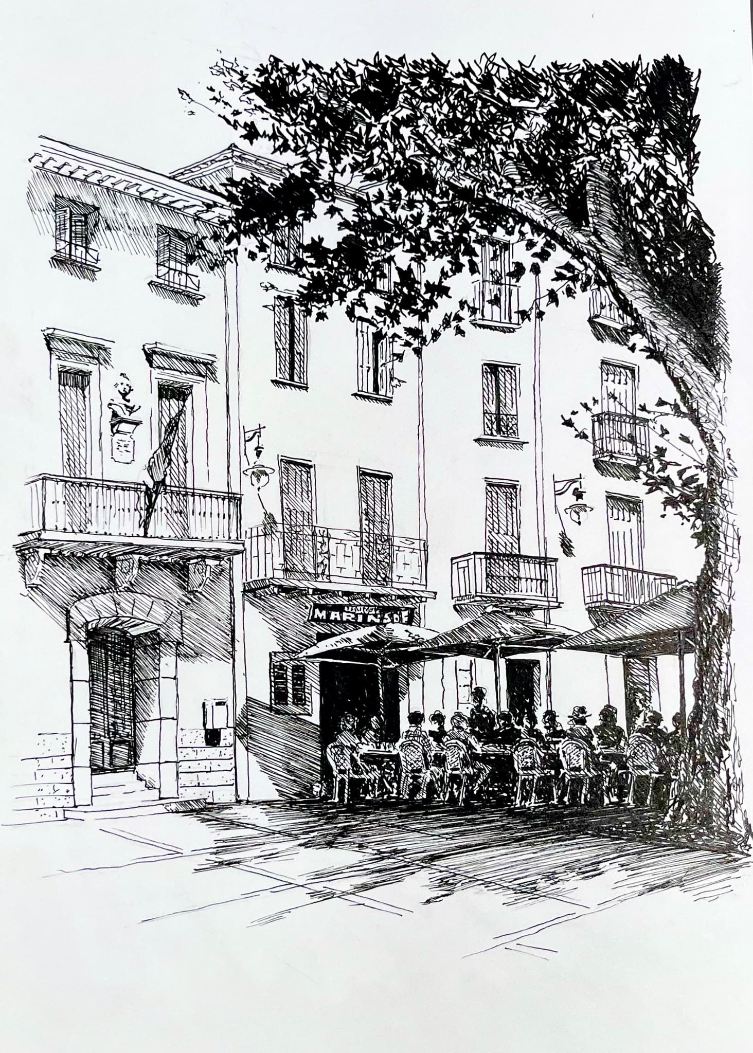 Cafe terrace, PLACEHOLDER: town square, n.d.. Ink on paper.