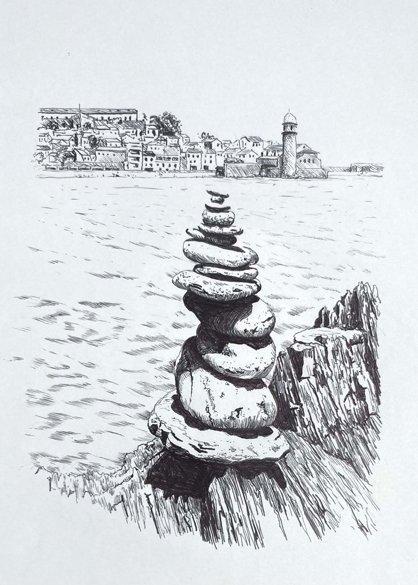 Cairn, PLACEHOLDER: coastal town, n.d.. Ink on paper.
