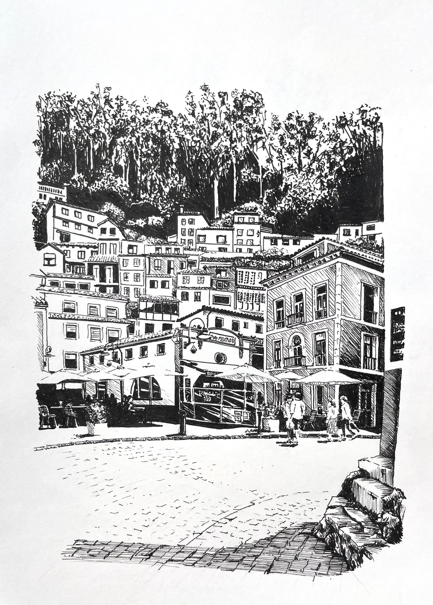 Hillside square, PLACEHOLDER: hillside town, n.d.. Ink on paper.